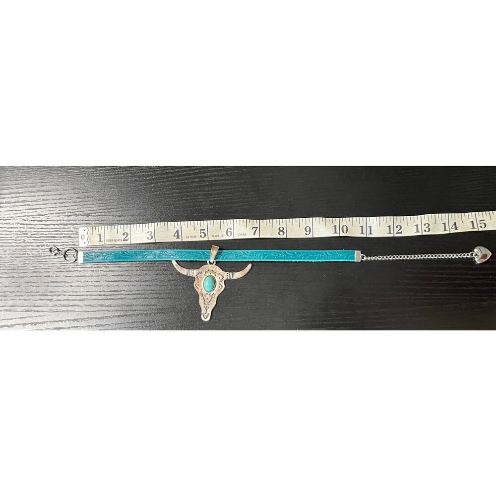 Handmade Western/Cowgirl Style Tooled Leather Choker with Cow Skull Pendant - Picture 6 of 6